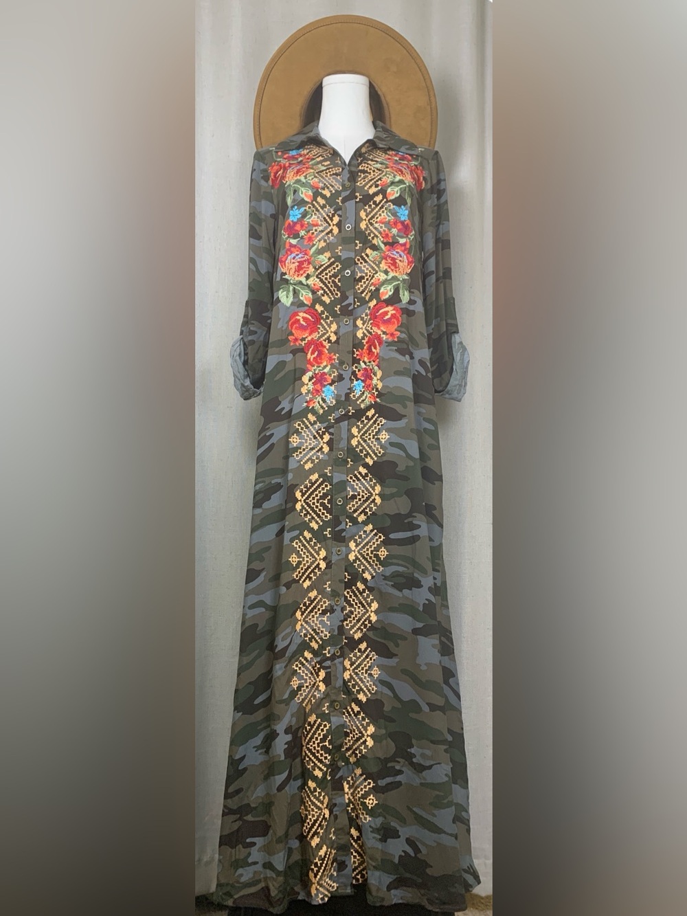 Savanna Jane Camo Floral Embroidered Button Down Duster Maxi Dress Boho Western